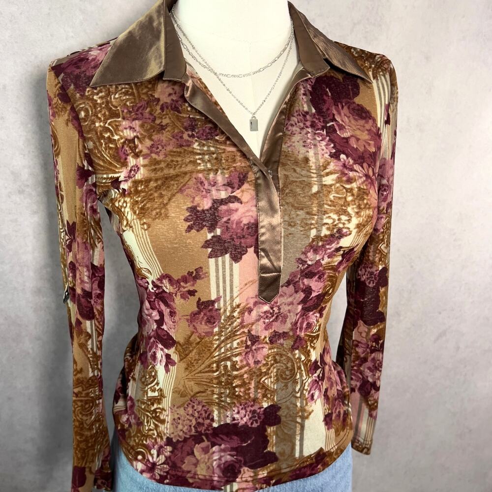 Y2K Burgundy Floral Blouse Long Sleeve Top Size Small